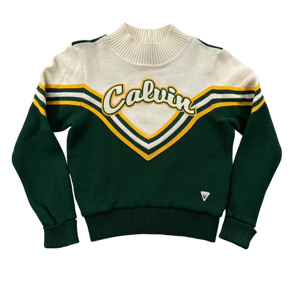 VTG 80s Varsity Calvin College Cheerleader Sweater Women Small Green Collegiate